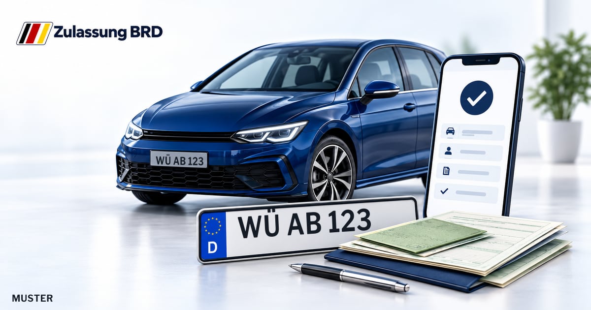 Online Fahrzeugzulassung in Landkreis Würzburg: Musterkennzeichen WÜ AB 123, Auto und Fahrzeugpapiere und Smartphone. Illustration mit Logo von Zulassung BRD.
